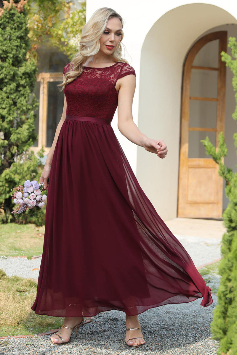 Load image into Gallery viewer, Burgundy Cap Sleeves Chiffon Bridesmaid Dress