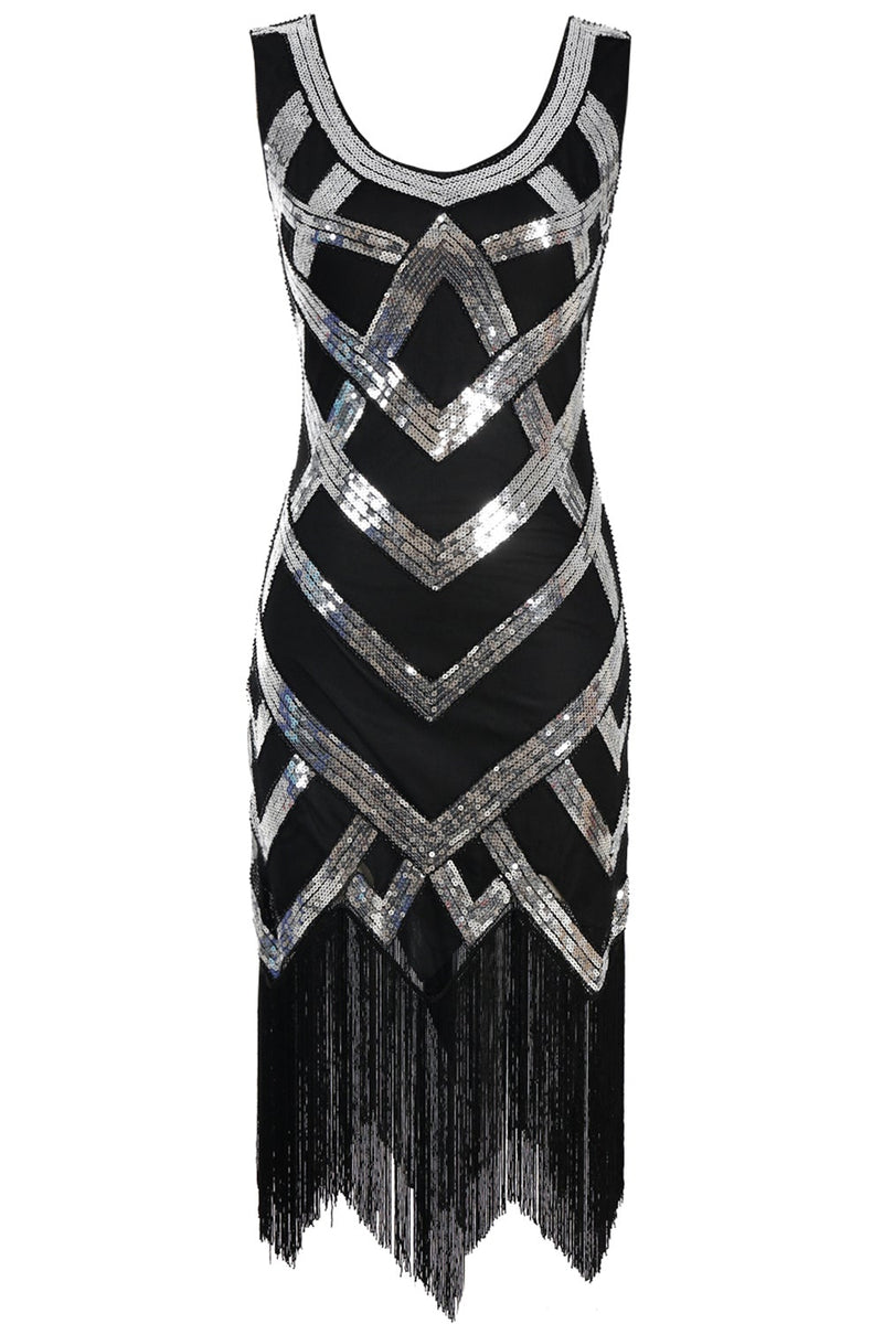 Load image into Gallery viewer, V Neck Silver Sequins 1920s Flapper Dress with Tassel