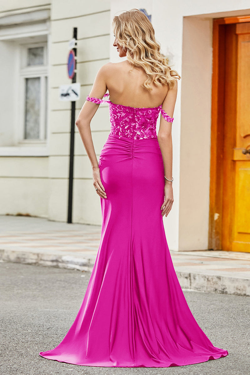 Load image into Gallery viewer, Fuchsia Mermaid Off The Shoulder Long Prom Dress with Sequins