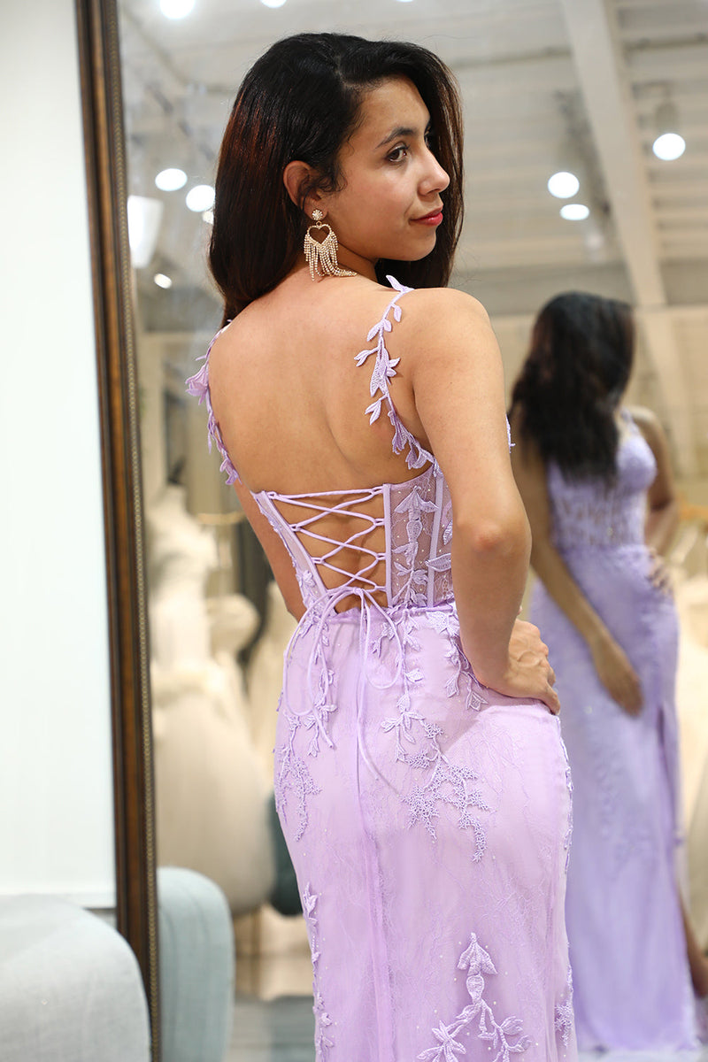 Load image into Gallery viewer, Lilac Mermaid Long Corset Appliqued Prom Dress With Slit