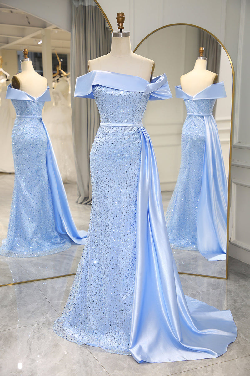 Load image into Gallery viewer, Sparkly Light Blue Long Sequined Prom Dress With Slit