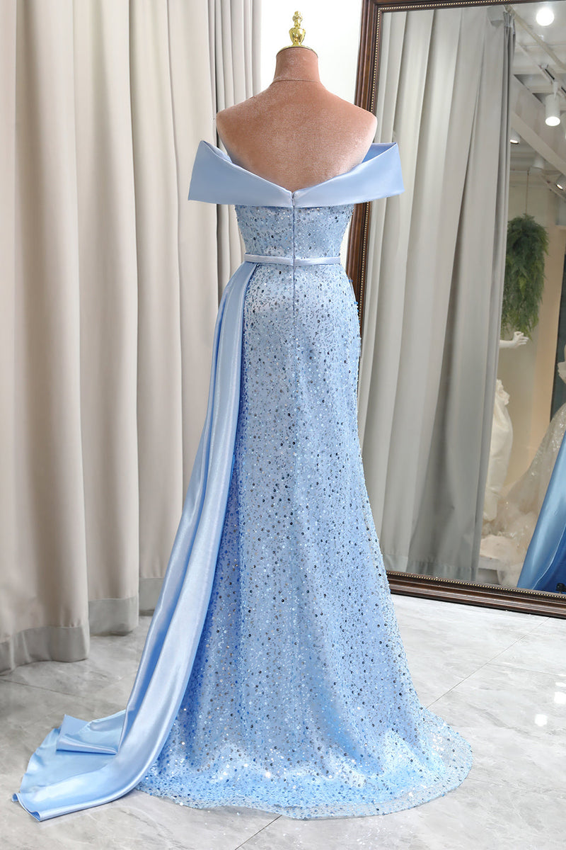 Load image into Gallery viewer, Glitter Light Blue Sheath Long Sequined Prom Dress With Slit