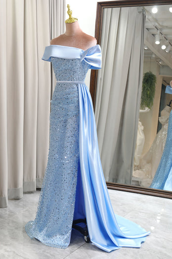 Glitter Light Blue Sheath Long Sequined Prom Dress With Slit