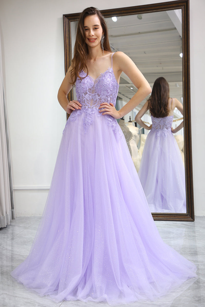 Load image into Gallery viewer, Light Purple A Line Long Prom Dress With Appliques