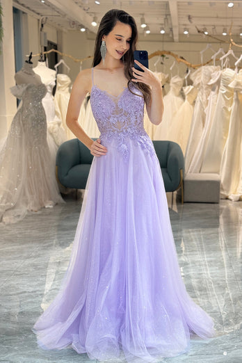 A Line Light Purple Long Prom Dress With Appliques