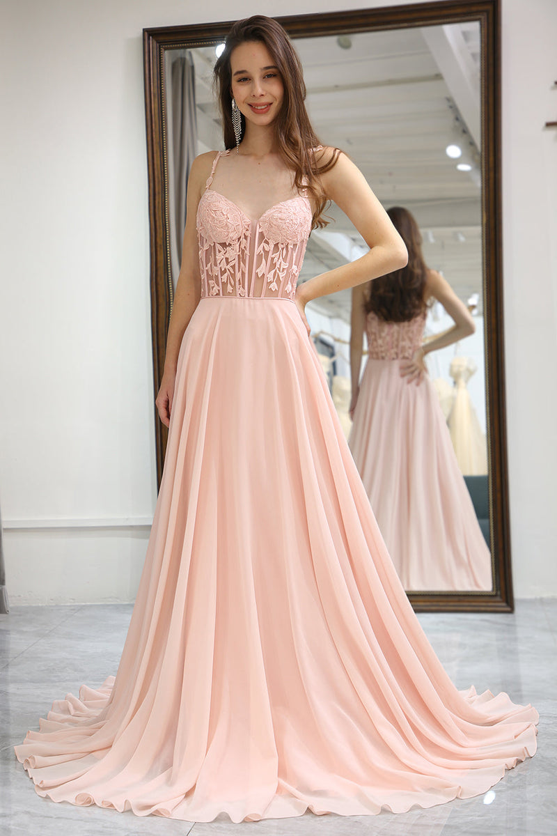 Load image into Gallery viewer, Light Pink Backless Long Corset Appliqued Prom Dress