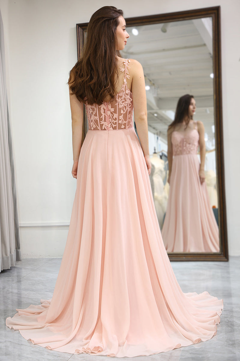 Load image into Gallery viewer, Light Pink Backless Long Corset Appliqued Prom Dress