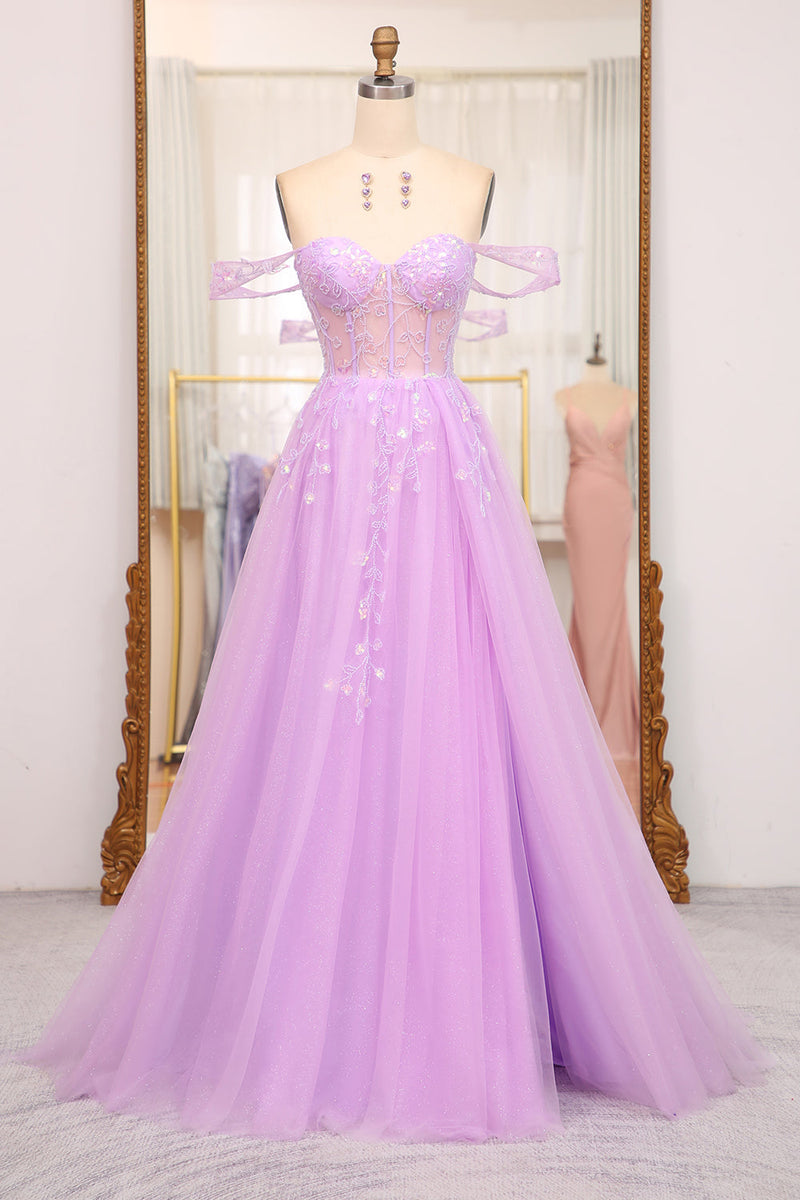 Load image into Gallery viewer, Light Purple A Line Off the Shoulder Long Corset Prom Dress With Slit