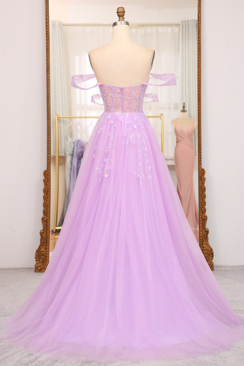 Load image into Gallery viewer, Light Purple A Line Off the Shoulder Long Corset Prom Dress With Slit