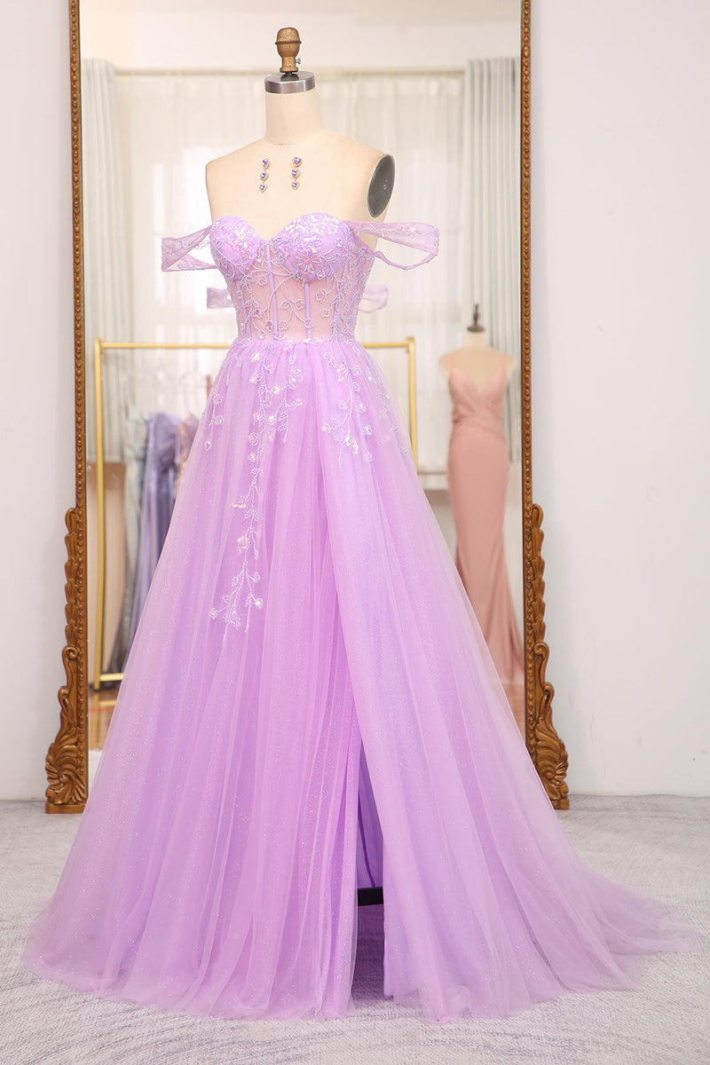 Load image into Gallery viewer, Light Purple A Line Off the Shoulder Long Corset Prom Dress With Slit