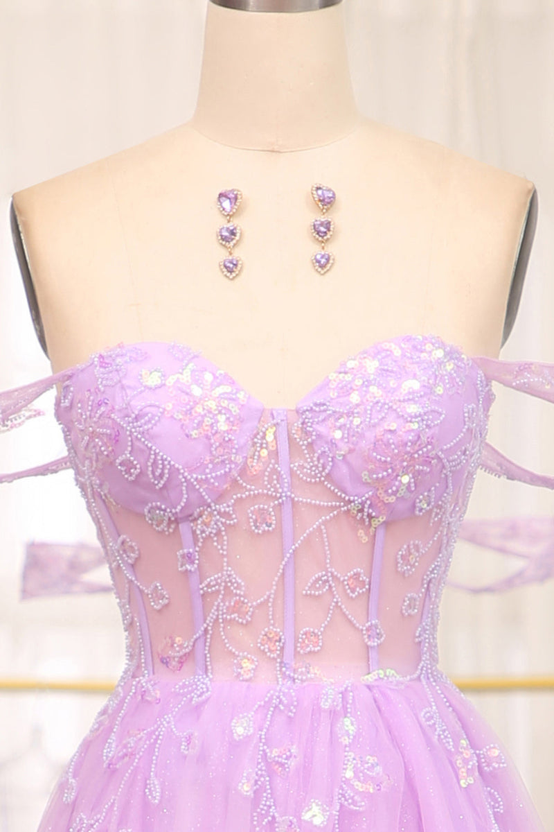 Load image into Gallery viewer, Light Purple A Line Off the Shoulder Long Corset Prom Dress With Slit