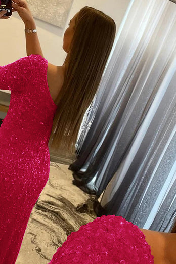 Pink One Shoulder Sequined Prom Dress