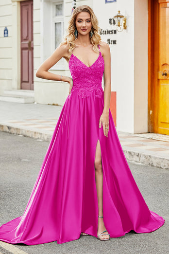 Fuchsia A Line Spaghetti Straps Long Prom Dress with Appliques