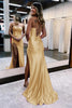 Load image into Gallery viewer, Golden Spaghetti Straps Satin Mermaid Prom Dress with Slit