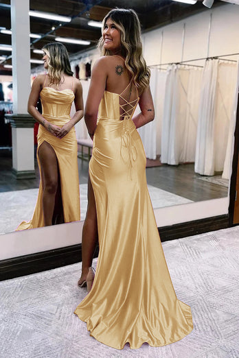 Golden Spaghetti Straps Satin Mermaid Prom Dress with Slit