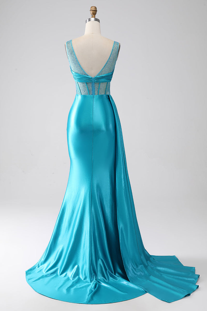 Load image into Gallery viewer, Turquoise Mermaid V-Neck Sweep Train Pleated Corset Beaded Prom Dress