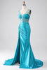 Load image into Gallery viewer, Turquoise Mermaid V-Neck Sweep Train Pleated Corset Beaded Prom Dress