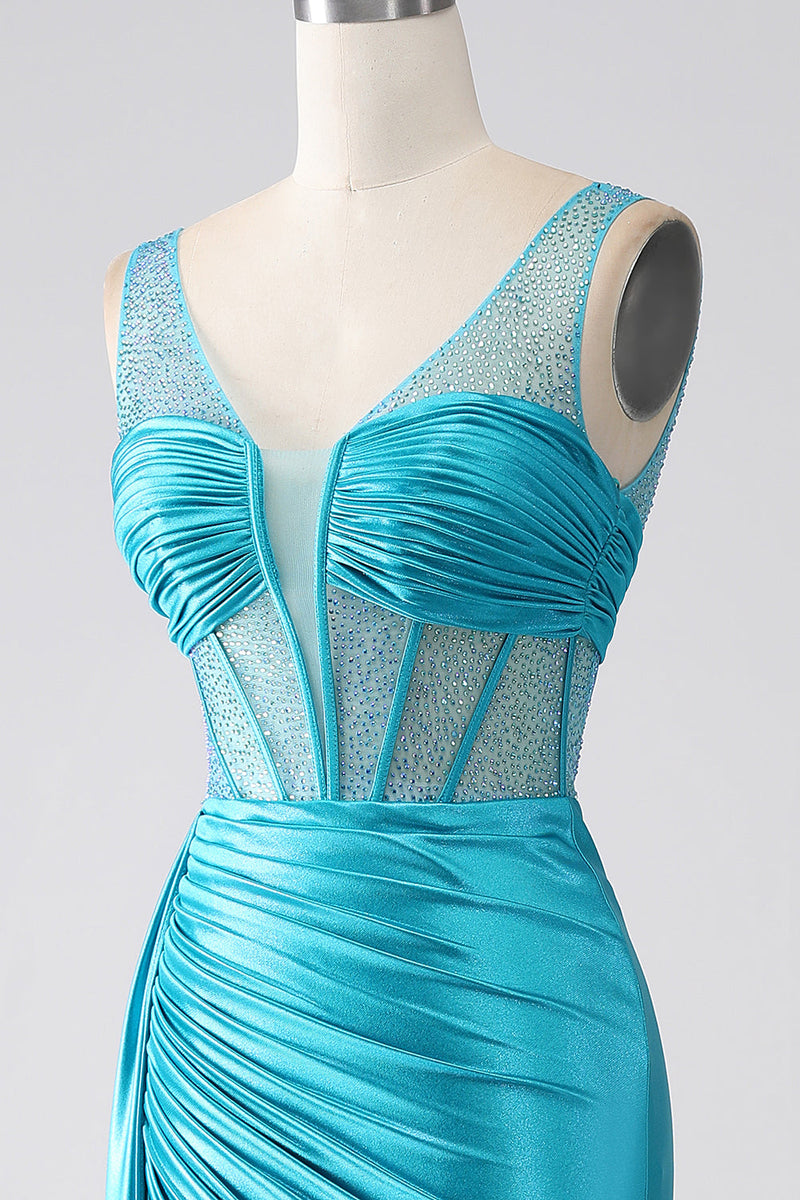 Load image into Gallery viewer, Turquoise Mermaid V-Neck Sweep Train Pleated Corset Beaded Prom Dress