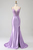 Load image into Gallery viewer, Stylish Mermaid Spaghetti Straps Lilac Long Prom Dress with Appliques Slit