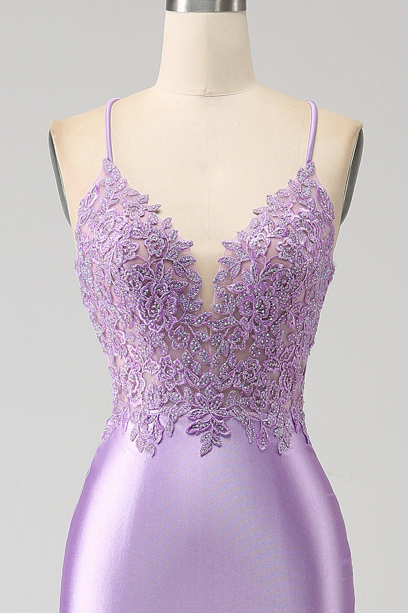 Load image into Gallery viewer, Stylish Mermaid Spaghetti Straps Lilac Long Prom Dress with Appliques Slit