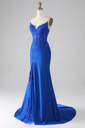 Royal Blue Mermaid Strapless Long Beaded Prom Dress With Appliques