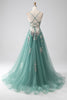 Load image into Gallery viewer, Green A-Line Spaghetti Straps Long Prom Dress With Sparkly Sequin Appliques