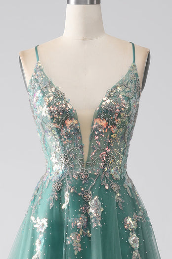 Green A-Line Spaghetti Straps Long Prom Dress With Sparkly Sequin Appliques