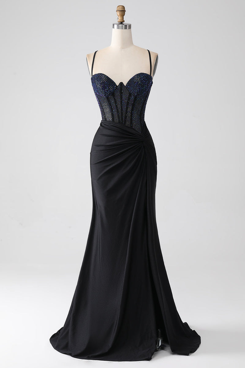 Load image into Gallery viewer, Black Mermaid Spaghetti Straps Long Corset Prom Dress With Beading