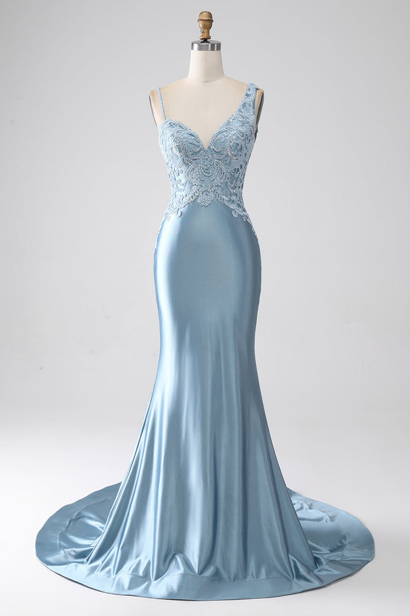 Load image into Gallery viewer, Grey Blue Mermaid Spaghetti Straps Long Beaded Prom Dress With Appliques