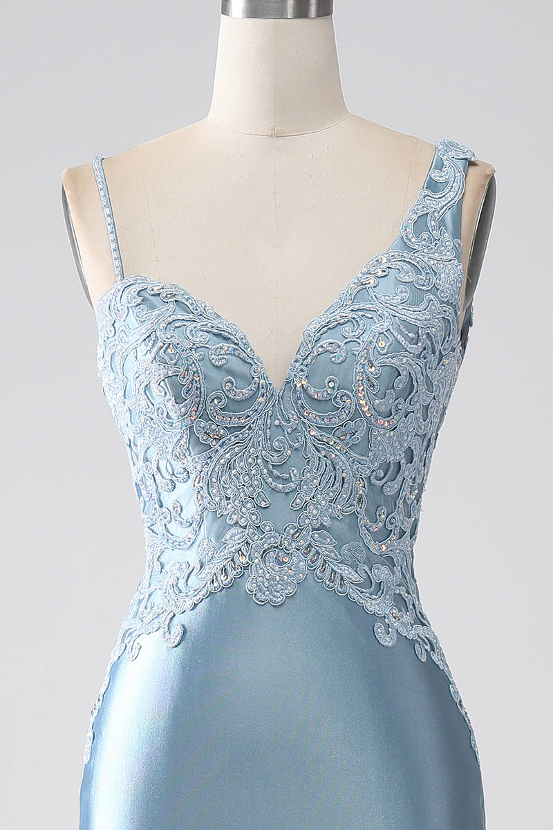 Load image into Gallery viewer, Grey Blue Mermaid Spaghetti Straps Long Beaded Prom Dress With Appliques