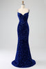 Load image into Gallery viewer, Elegant Royal Blue Mermaid Spaghetti Straps Velvet Sequin Long Prom Dress