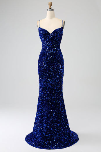 Elegant Royal Blue Mermaid Spaghetti Straps Velvet Sequin Long Prom Dress