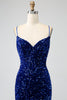 Load image into Gallery viewer, Elegant Royal Blue Mermaid Spaghetti Straps Velvet Sequin Long Prom Dress