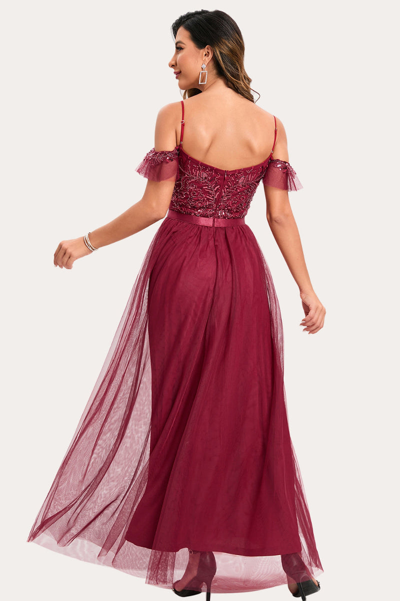 Queendancer Women Burgundy Beaded A-Line Long Prom Dress Spaghetti ...