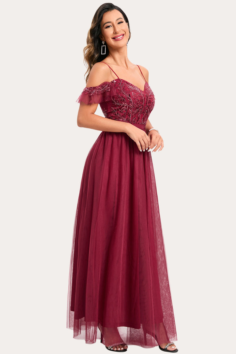 Queendancer Women Burgundy Beaded A-Line Long Prom Dress Spaghetti ...