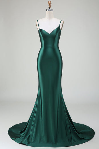 Dark Green Mermaid Spaghetti Straps Sweep Train Prom Dress