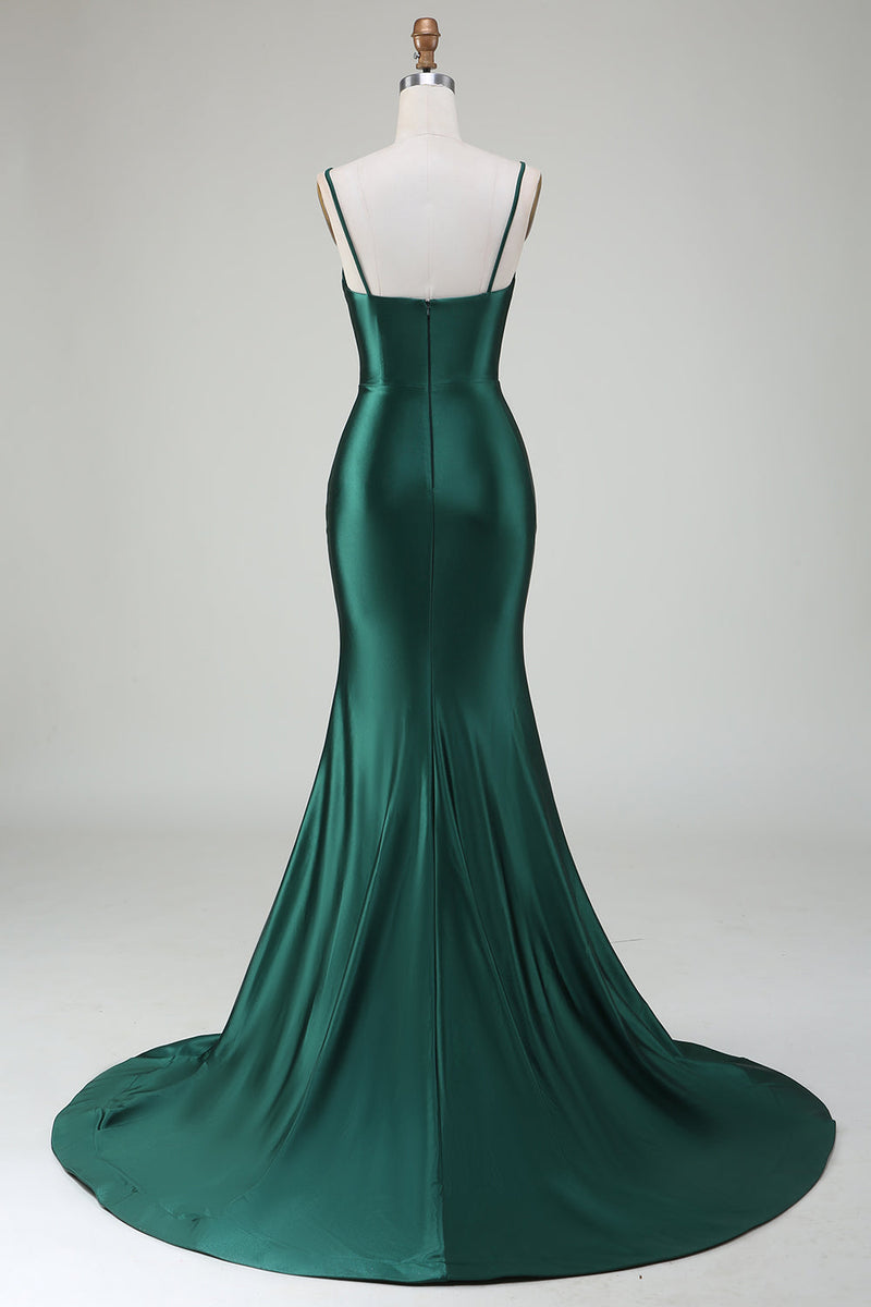 Load image into Gallery viewer, Dark Green Mermaid Spaghetti Straps Sweep Train Prom Dress