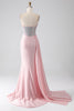 Load image into Gallery viewer, Pink Mermaid Strapless Beaded Pleated Long Prom Dress With High Slit