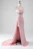 Load image into Gallery viewer, Pink Mermaid Strapless Beaded Pleated Long Prom Dress With High Slit