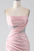 Load image into Gallery viewer, Pink Mermaid Strapless Beaded Pleated Long Prom Dress With High Slit