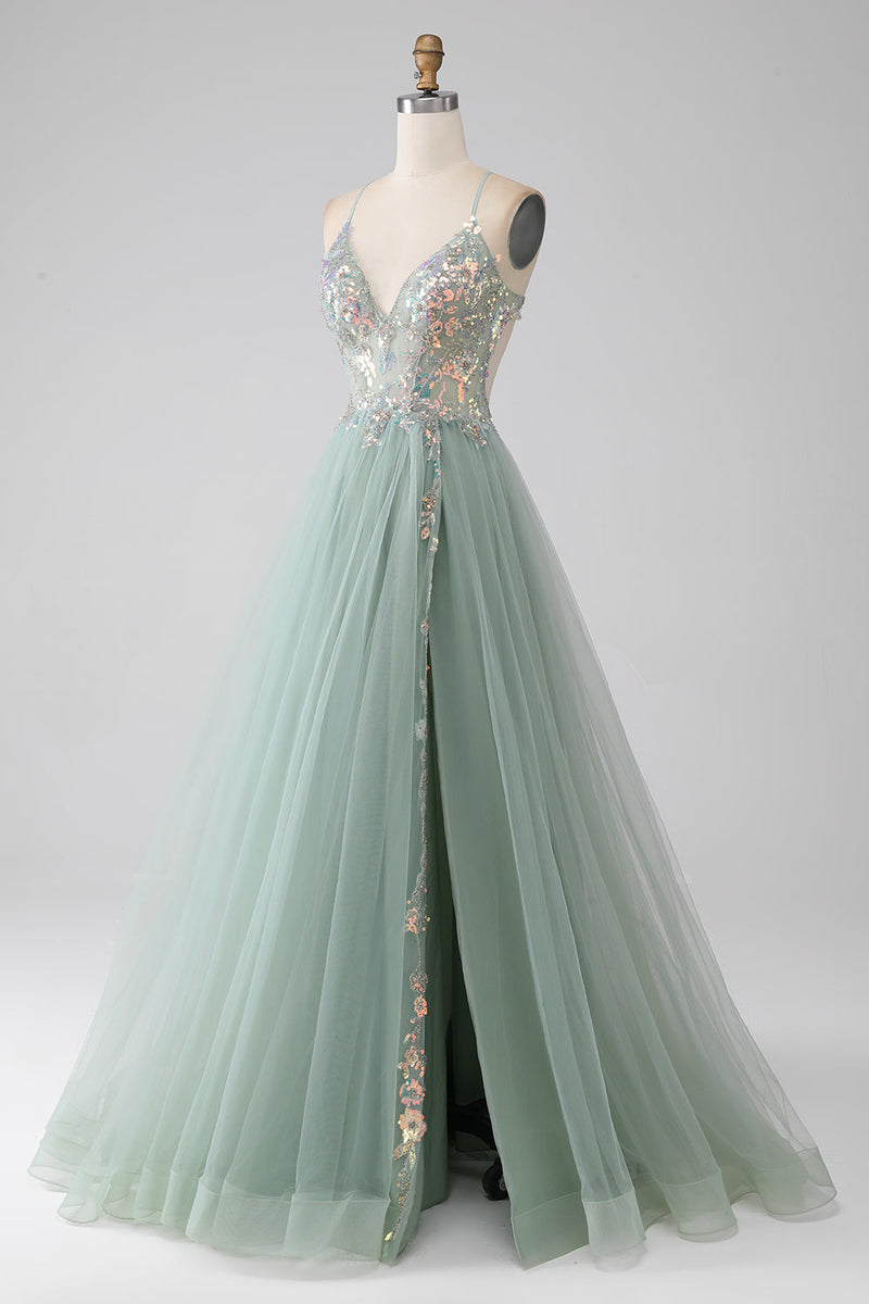 Load image into Gallery viewer, A-Line Beaded Light Green Prom Dress with Slit