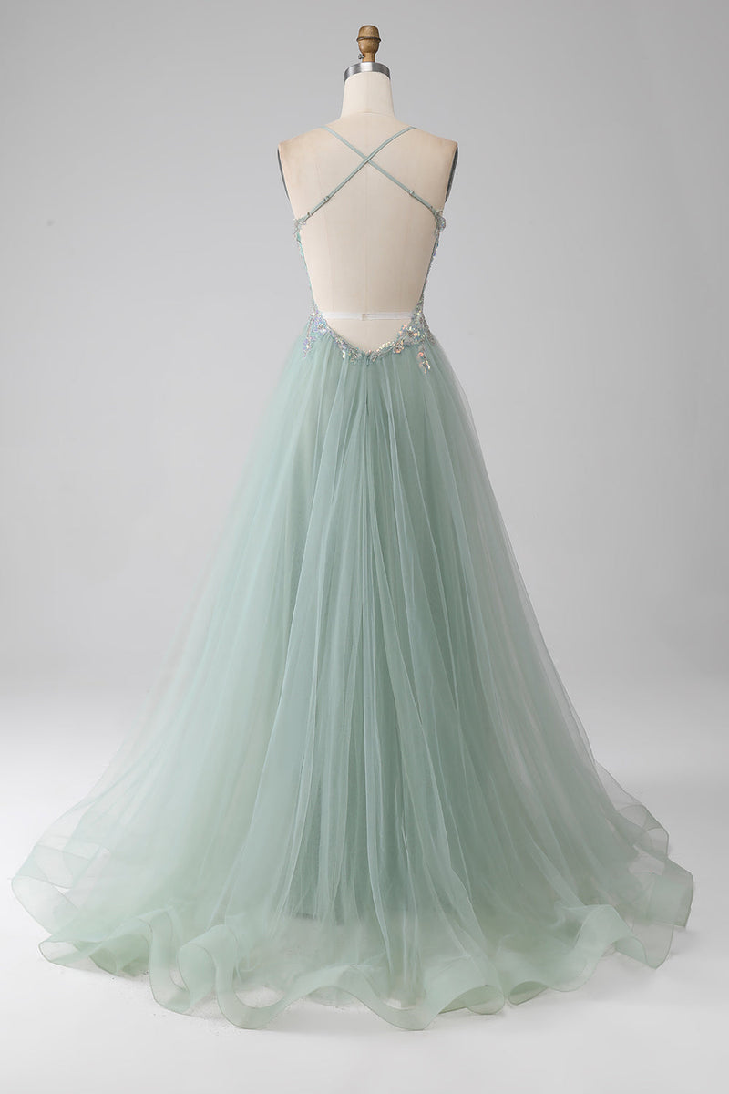 Load image into Gallery viewer, A-Line Beaded Light Green Prom Dress with Slit