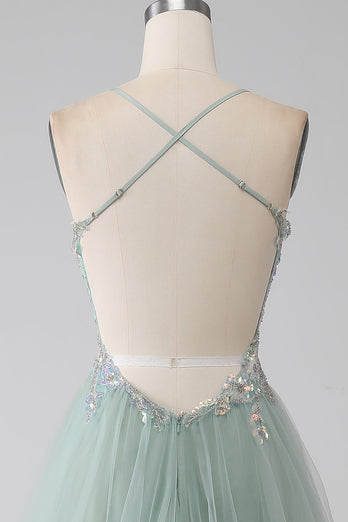 A-Line Beaded Light Green Prom Dress with Slit