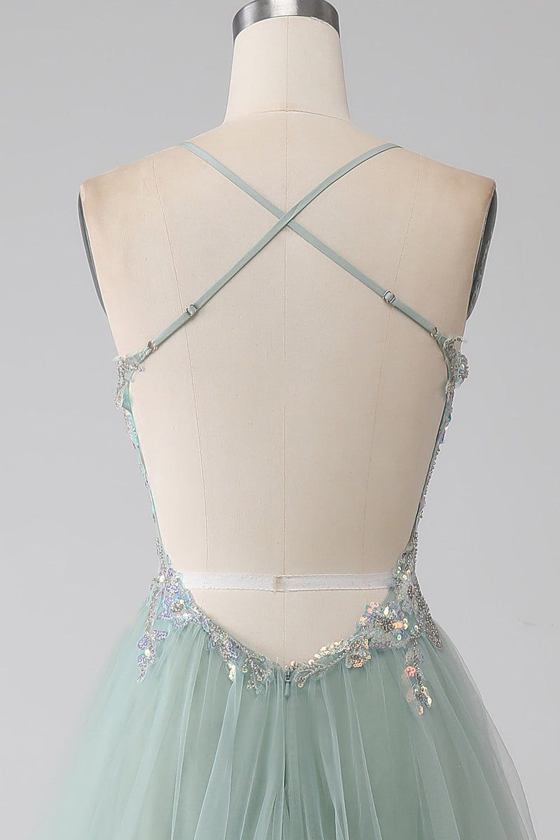 Load image into Gallery viewer, A-Line Beaded Light Green Prom Dress with Slit