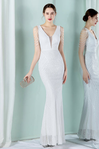 White Deep V Neck Mermaid Evening Dress