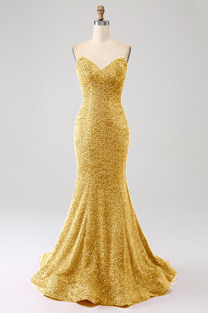 Load image into Gallery viewer, Golden Mermaid Sweetheart Sweep Train Prom Dress With Sequins