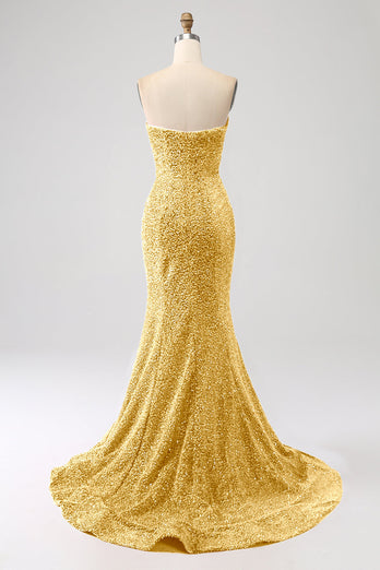 Golden Mermaid Sweetheart Sweep Train Prom Dress With Sequins