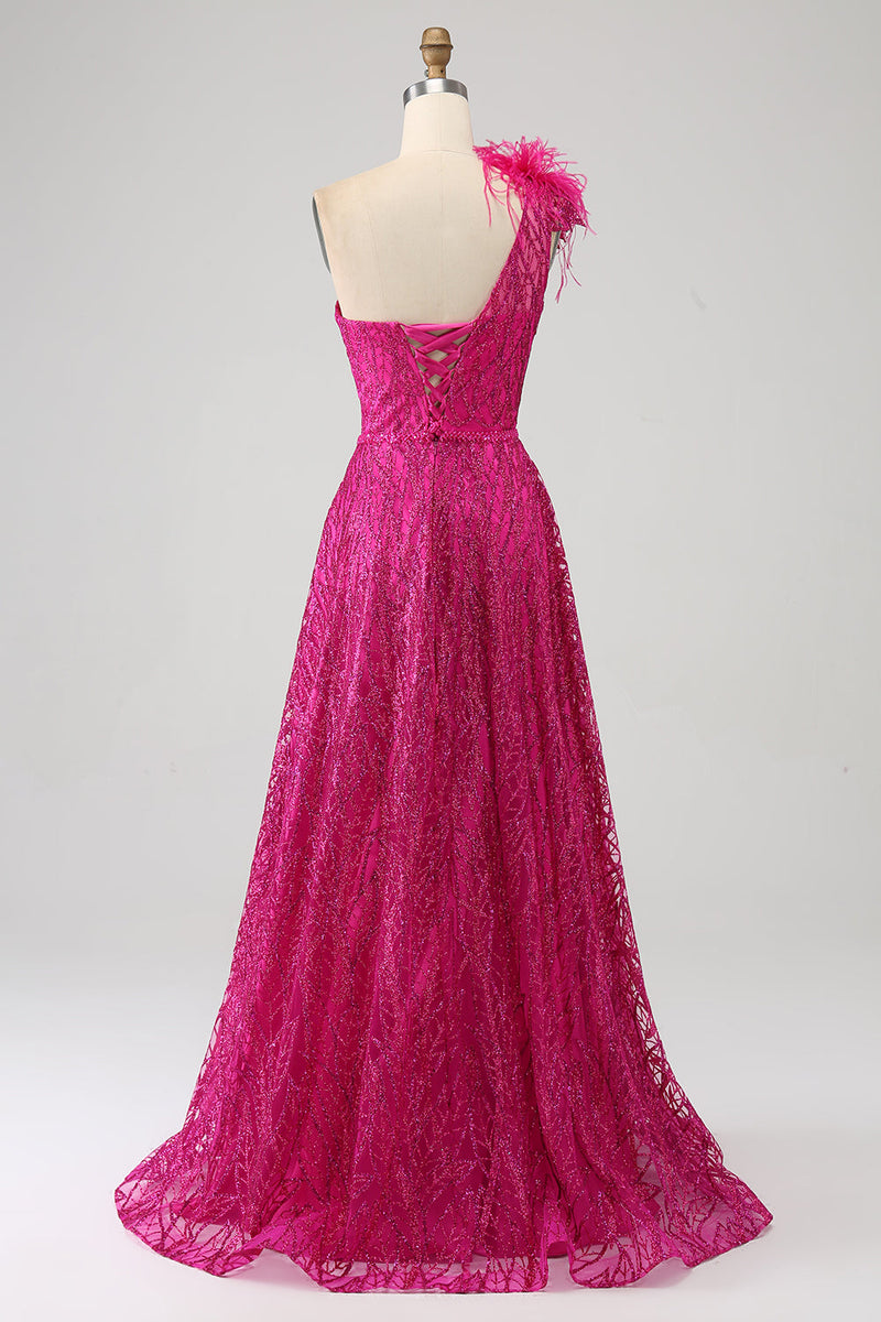 Load image into Gallery viewer, Fuchsia A-Line One Shoulder Feather Sequin Long Prom Dress With Slit