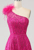 Load image into Gallery viewer, Fuchsia A-Line One Shoulder Feather Sequin Long Prom Dress With Slit