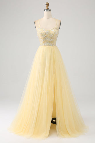 Tulle Beaded Light Yellow Prom Dress with Slit